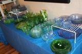Teal and Blue "Madrid" pattern (mixed antique and 1970 retro pieces). Hazel Atlas "Colonial Block" (green) pitcher and 6 footed goblets. Anchor Hocking (blue) "Bubble" service for 6 plus sugar/creamer, oval platter and 2 vegetable bowls plus an additional crystal (not blue) fruit bowl. Circles, casino
