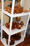 Various Amber glass pieces, vintage fruit bowl, large set of "Sandwich" pattern including serving pieces, Elegant glass items.