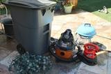 Misc. Garden items, Black & Decker Leaf (blower/vac). Rigid shop vac, outdoor lights, mini BBQ, 50' hose and holder