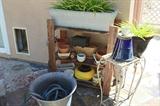 Misc. plants and pots, wooden shelf
