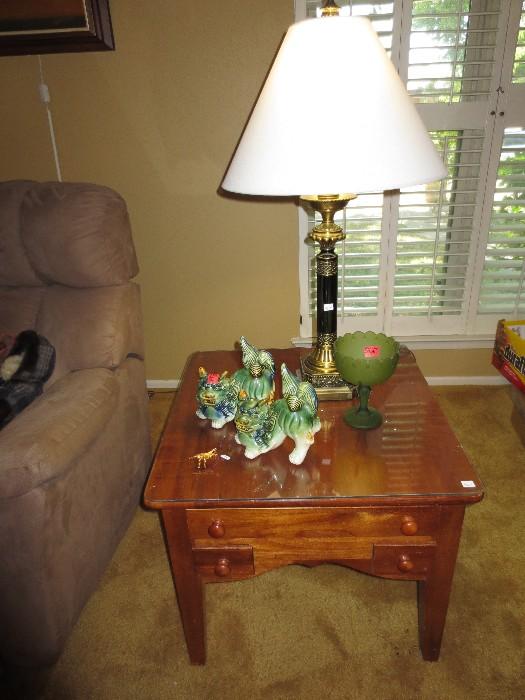 Pair of end table - notice the drawers on the front, green Foo dogs 