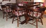 SOLID PINE TRESTLE TABLE, BENCH AND 4 CAPT. CHAIRS