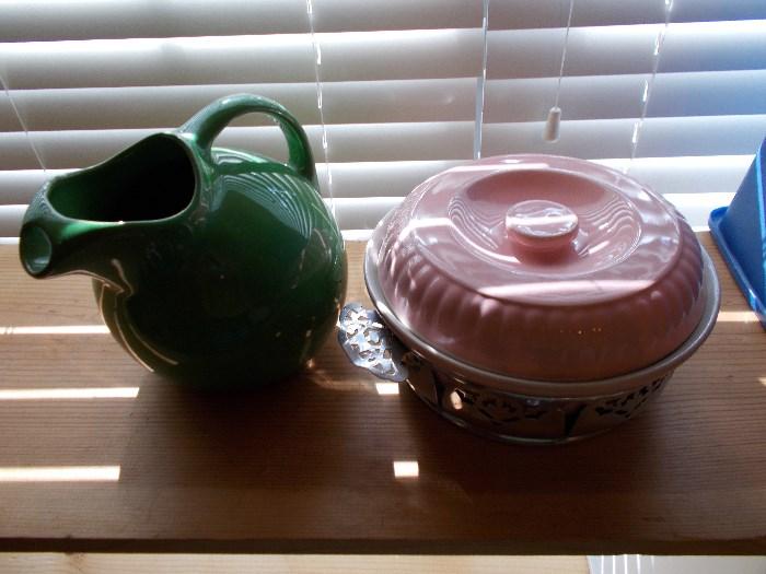 Hall green pitcher (left); Hall covered casserole w/ holder 