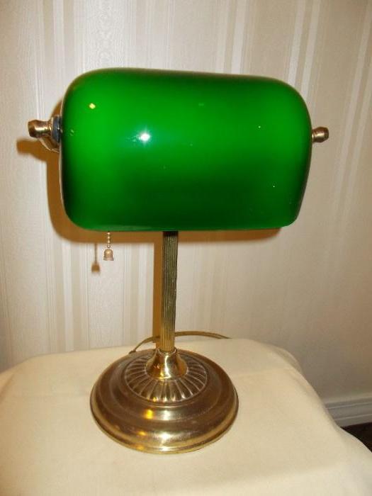 Student lamp - "brass" base/green glass shade