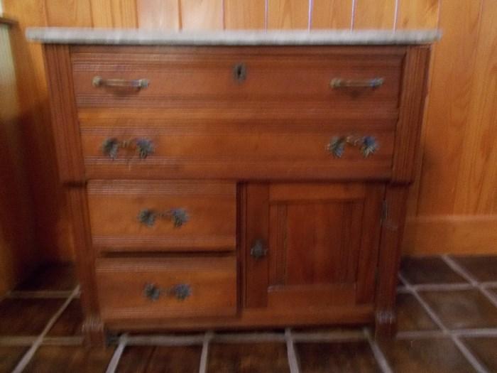 Walnut chest - 2 long drawers; 2 short drawers; white marble top - good piece!