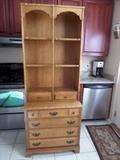 BLOND BOOKSHELF DRESSER - TWO PIECE - 77" TALL - 30" WIDE - 17 &1/2 DEEP - (THERE ARE SOME MARKS ON THIS PIECE FROM MOVING AND STORAGE) DRAWERS ARE IN GREATE WORKING OREER - ALL WOOD