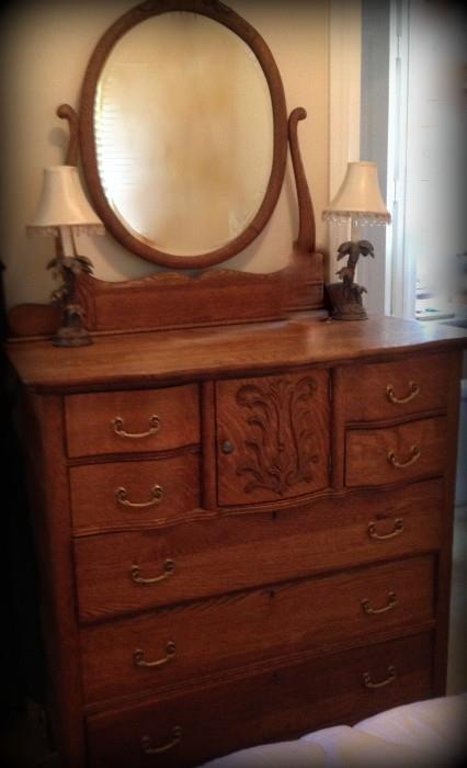 Antique seven drawer dresser with swivel mirror and hat storage cabinet! Visit www.ctonlineauctions.com/lajolla to bid!