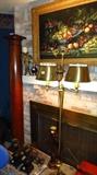 Two Oak columns, Brass two headed lamp, hand carved candle holders & Lots of artwork