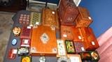 Lots of inlayed wood, leather, paper mache boxes