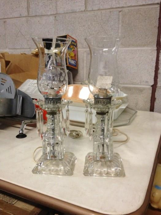 STUNNING ANTIQUE LAMP SET WITH CRYSTALS AND ETCHED HURRICANES
