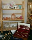 Pink Depression Glass Cracker / Cookie Jar, Fenton Cranberry Coin Dot Creamer, Oneida Silverplate Flatware in Chest (Service for 12 plus serving pieces).