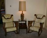 Antique Oak Rocking Chairs and 60's Modern Lamp