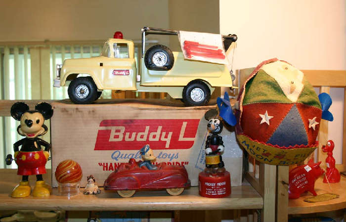 Buddy L Wrecker in Original Box with hard to find tools! Mickey Mouse Wind-Up and Kohner Mickey Mouse Pop-Up Toys, Donald Duck Sun Rubber Car and Huge Antique Onionskin Marble