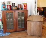 Great Looking Farm Grain Bin and Excellent Old Pie Safe, Potato Chip Can, Sweet Burley Can and more great tins.