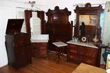 Beautiful Victorian Burl Hand Carved Antique Bed(complete) with Tall Headboard, Matching Antique Marble Top Dresser with Mirror, Washstand with Marble Tops and matching marble top stand. All of these pieces have Walnut Burl on them and look fantastic! Hard to find a complete matching set like this! Set will be priced individually and also as a set, So if you are looking to purchase the complete matching set, please be early!