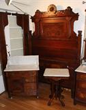 Beautiful Victorian burl walnut full size bedroom with marble tops.