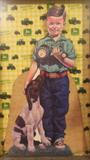 John Deere Stand-up Advertising Piece, Boy Holding Toy Tractor with his Faithful Dog Next to him. Nicely framed in Repurposed Barnwood and under UV Filtering Glass!