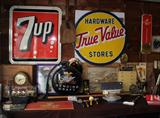 True Value sign from the old Corunna Hardware Store, 1963 7 Up sign in excellent Condition. Budweiser Clydesdales Clock that is new old stock! Miller Draft Two Sided Wall Sign. Winchester Sold Here Store Thermometer.