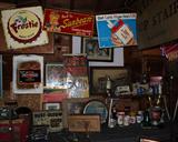 Frostie  Root Beer Sign, 1955 Sunbeam Bread sign in Excellent Condition, L & M Cigarette's Sign. Circus Posters, Rust Oleum Clock Some of the AC GM Plant Collectibles. Some Fishing tackle including a Creek Chub Huskie Jointed Pikie in original box with papers. Full Box of AC Sparkplugs with racing cards.