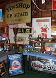 Turn of the Century Tin Shop Sign, Pistons Bud Light Mirror, Back Bar Coors Light Mirror Sign. John Deere Tractors.