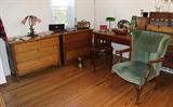 Two nice looking Vintage Oak Dressers. Mission Oak Library Desk and nice Upholstered Side Chair.