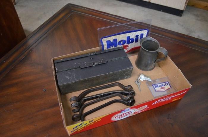 (4) MODEL T & MODE A FORD WRENCHES (FORD 
LOGO ON ALL), VINTAGE STANLEY RULER, MISCELLANEOUS VINTAGE MECHANIC ITEMS