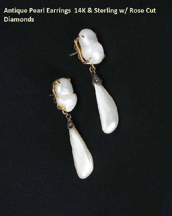 Antique Pearl Earrings 14K & Sterling w/Rose Cut Diamonds