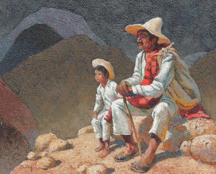 Lot 1255:  DUDLEY, Jack, (American, 1918-1996): Mexican Father & Son Seated in a Landscape, Oil/Masonite, 20" x 24", signed lower left, wooden frame 22 1/2" X 26 1/2".