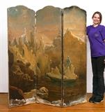 Lot 1090:  MIDAVAINE, Louis, (French 1888-1978):  Attribution, 3 panel lacquer paravent screen with trpityche scene of artic exploration with a French ship and polar bears.  No visible signature, polar bears bear a striking resemblance to a known work in the Palais de Tokyo.  Each panel 69 3/4" h. x 20 1/2". 