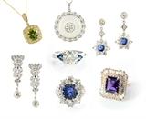 Estate Diamond & Gemstone Jewelry:  At the Center is 1036) A 3.36 Ct Diamond Solitaire w/ Sapphires Ring; 1080) Charles Krypell 6.72 Ct Peridot Necklace; 1068) Platinum Diamond & Quartz Pendant Necklace; 1045) Diamond & Sapphire Drop Earrings; 1082) Art Deco Platinum 3.19 Ct Diamond Ear Pendants; 1044) Platinum 7.57 Ct Sapphire with 5.20 Ctw Diamond Ring.