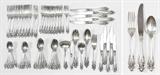 Lot 1009:  WALLACE GRAND BAROQUE STERLING SERVICE FOR 10: Approx. 56 pieces in the Grand Baroque pattern by Wallace to include 10 forks (7 3/4''), 10 salad forks (6 5/8''), 10 teaspoons (6 1/4''), 10 soup spoons (7''), 10 hollow knives (8 7/8''), hollow butter knife (6 3/4''), serving spoon (8 3/4''), pierced serving spoon (8 3/4''), serving fork (8 1/4''), sugar scoop (6 1/4''), gravy ladle (6 1/2''). Approx. 89.9 troy oz. Sold with wood silver chest, 3 3/4'' h. x 17'' x 11 1/2''.
CONDITION: Silver with varying signs of minor use, box with scratches.