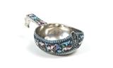 Lot 1015:  RUSSIAN ENAMELED SILVER KVOSH: Foliate motif enamel, marked with unknown cyrillic maker IS, dated 1895. Measures 1 1/2'' x 4 5/8''. Approx. 3.3 troy oz.