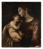 Lot 1010:  EARLY OLD MASTER MADONNA & CHILD PAINTING: Italian? 17th or 18th Century?, Oil/Canvas, 24'' x 20 7/8'', unframed, no visible signature. Est. $2000/4000**
CONDITION: Relined, scattered abrasions, scattered inpaint, needs TLC, sold as is.