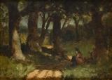 Lot 1195:  BANNISTER, Edwin, (American, 1823- ): Dirt Trail Through the Forest with Figures Seated in the Shade, Oil/Canvas, 6'' x 8'', signed lower right, dated '90, gilded period liner with wear 11 3/4'' x 13 3/4''. Est. $2000/4000**
CONDITION: Several flecks, needs cleaning.
