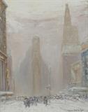 Lot 1188:  BERTHELSEN, Johann, (American, 1883-1972): ''Times Square in Winter'', Oil/Canvas, 20'' x 16'', signed lower right, encased in fine contemporary carved and gilded impressionist frame with minor wear 27 3/4'' x 23 1/2'', old label affixed verso ''It was very nice to know you both'', Johann Berthelsen. Est. $10000/15000**
CONDITION: Craquelure in upper and lower margins due partially to the heavily applied paint in those areas.