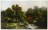 Lot 1020:  BUTLER, Joseph Green, (American, 1901-1981): Lush Wooded Landscape with Stream, Oil/Canvas, 23'' x 36'', signed lower left, encased in original gilded gesso frame with wear in need of repair 33'' x 45'' x 3 1/2''. Est. $3000/5000**
CONDITION: Scattered craquelure throughout, with scattered touches of inpaint in the sky and left side trees.