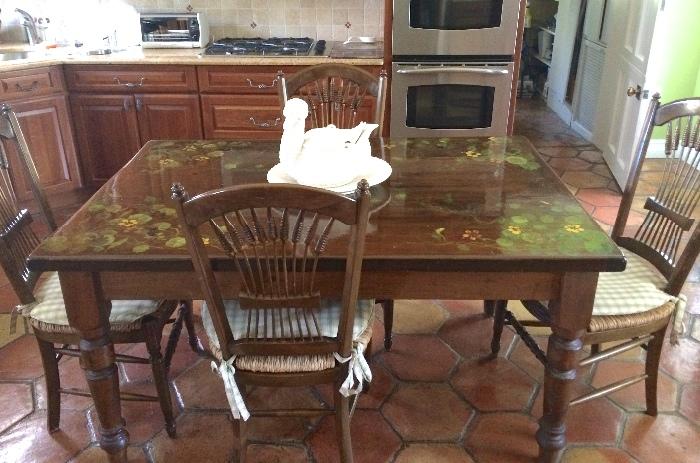 Beautiful walnut table with hand painted decoration & 5 rush seat chairs