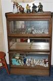 Nice  oak barrister 3-stack book case, vintage orange stool, miniature ceramic shoes and figurines.