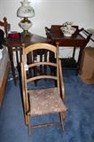 Antique folding sewing chair, gate leg table, wash stand, vintage English stoneware.
