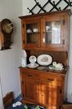 Pine kitchen cabinet, Regulator Clock (working, needs glass door to be re-soldered), chalkware swan, great ebonized accordion hat rack, beautiful old china.