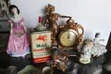 Coalport lady figurine, Mobil oil can, Art Nouveau clock, Beswick Wren, Beswick Beatrix Potter figurines, lovely lady figurine.