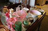 Fenton baskets and vases, fancy glass pitchers.