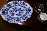 Flow blue onion platter, candlewick candle holder.