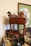 Old decoy, maple night stand, hagen renaker squirrels, iris and herringbone vase,etc.