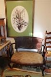 Beautiful Victorian Settee, dove print, rush-bottomed ladder back chairs.