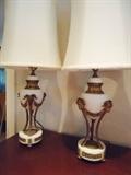 A Pair of French White Marble and Dore Bronze lamps