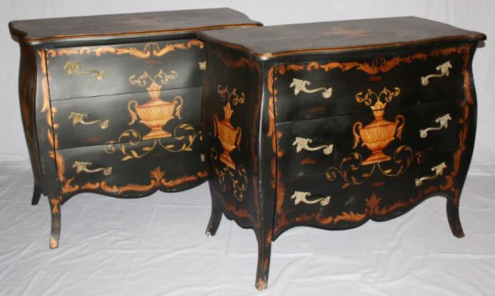 Pair of painted commodes with urns 