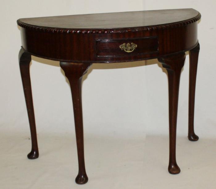English demi lune console with drawer in mahogany 