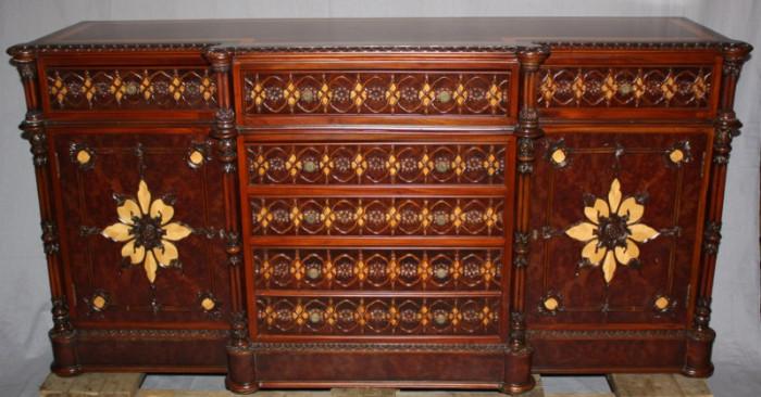 Mahogany and burl walnut credenza with floral medallions 