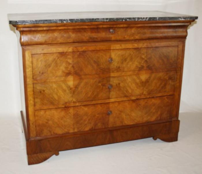 French Louis Philippe commode in burl walnut with marble top 